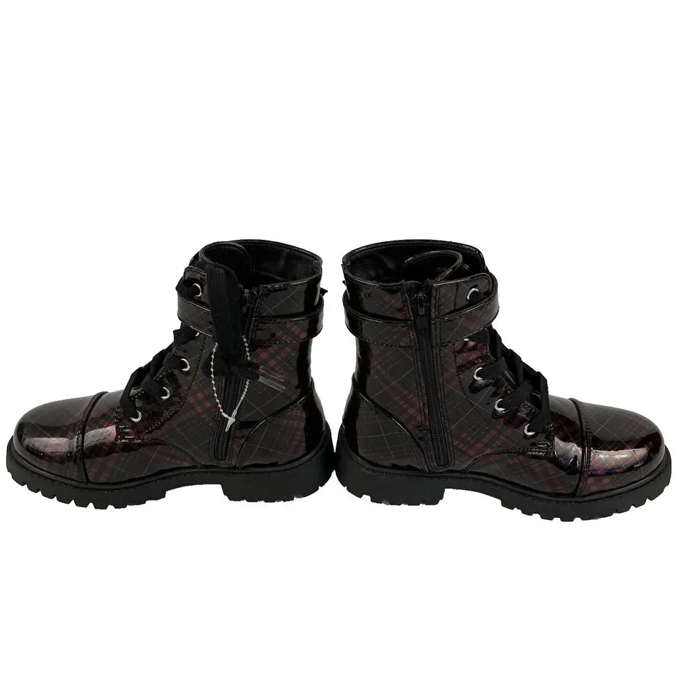 New Women’s Girls Jessica Simpson Red Plaid Combat‎ Boots Size 1 or 12.5 NWOB